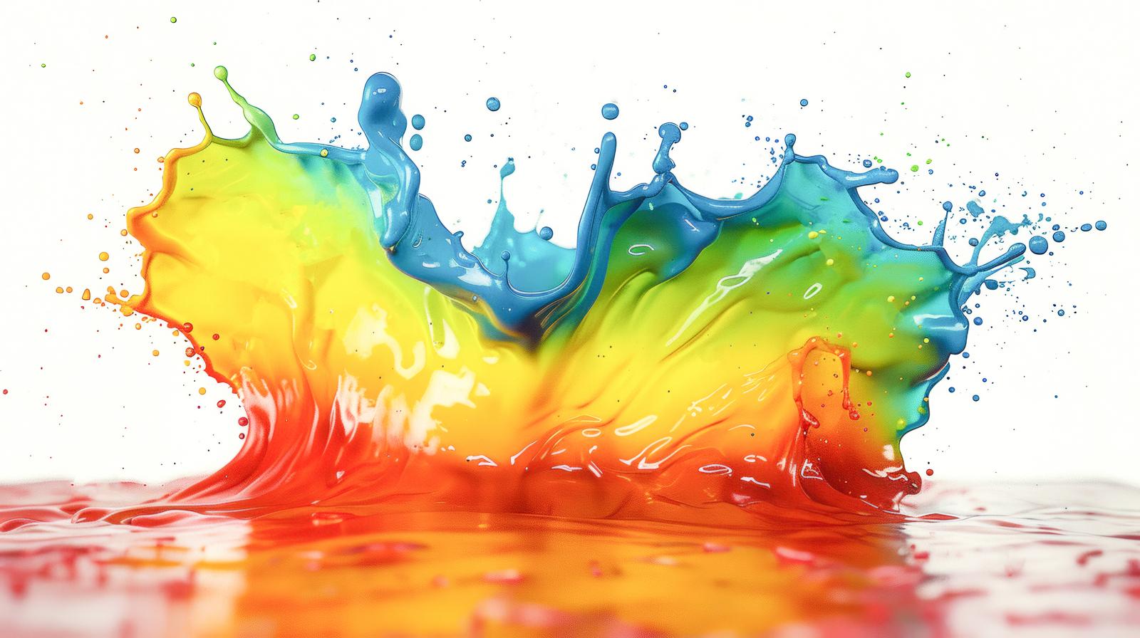 カラフルな液体塗料が波打ち、飛び散る抽象アート