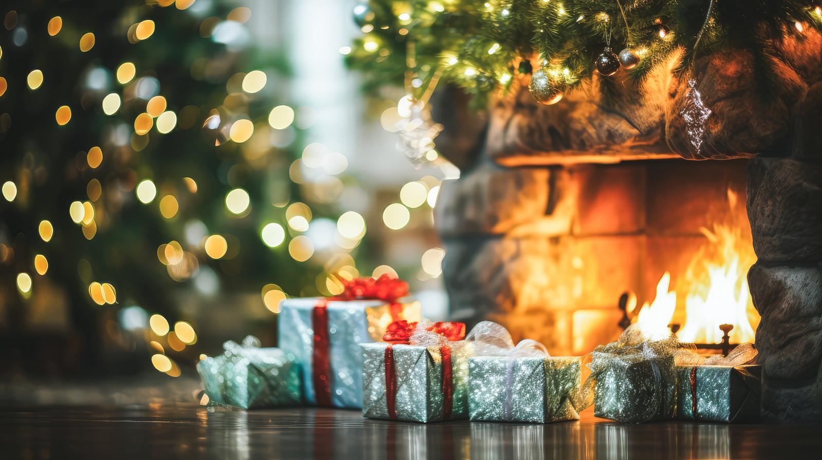 クリスマスツリーと暖炉に囲まれたプレゼントボックスの並び