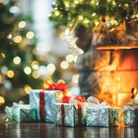 暖炉の炎に照らされるクリスマスプレゼントの写真