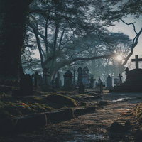 苔むした古い墓石が並ぶ不気味な墓地に日が差し込むの写真