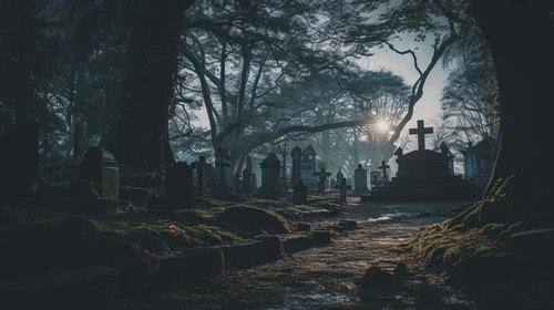 苔むした古い墓石が並ぶ不気味な墓地に日が差し込む