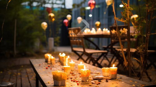 夜間の屋外パーティーを彩るキャンドルが置かれたテーブル