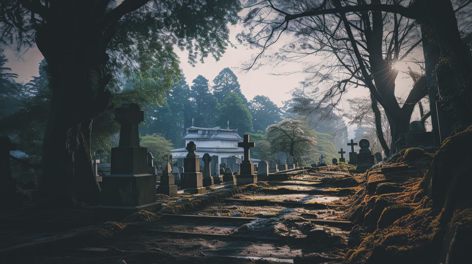 樹林に囲まれた墓地の参道を朝日が照らす風景