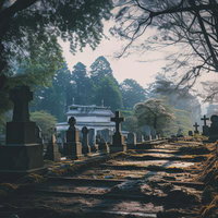 朝日が照らす樹林に囲まれた墓地の参道と墓石の写真