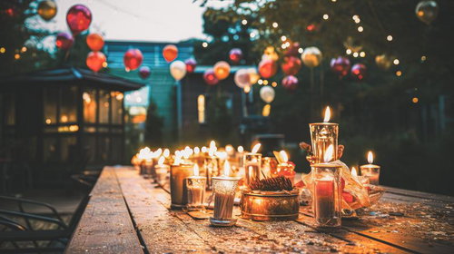 卓上に灯るキャンドルと色とりどりの装飾品が輝く夜間の屋外パーティー会場