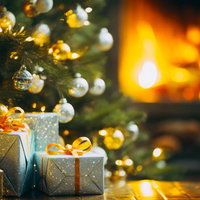 暖炉の前に積まれたクリスマスプレゼントとツリーの装飾の写真