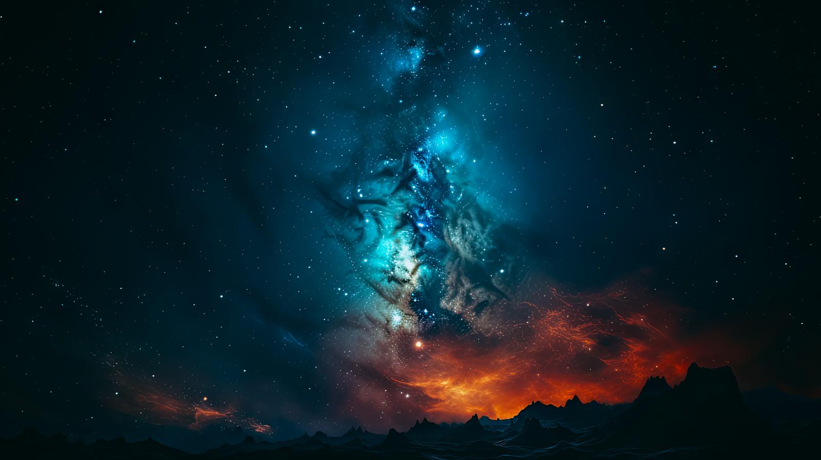 青白く輝く星雲と銀河が見える宇宙空間の画像