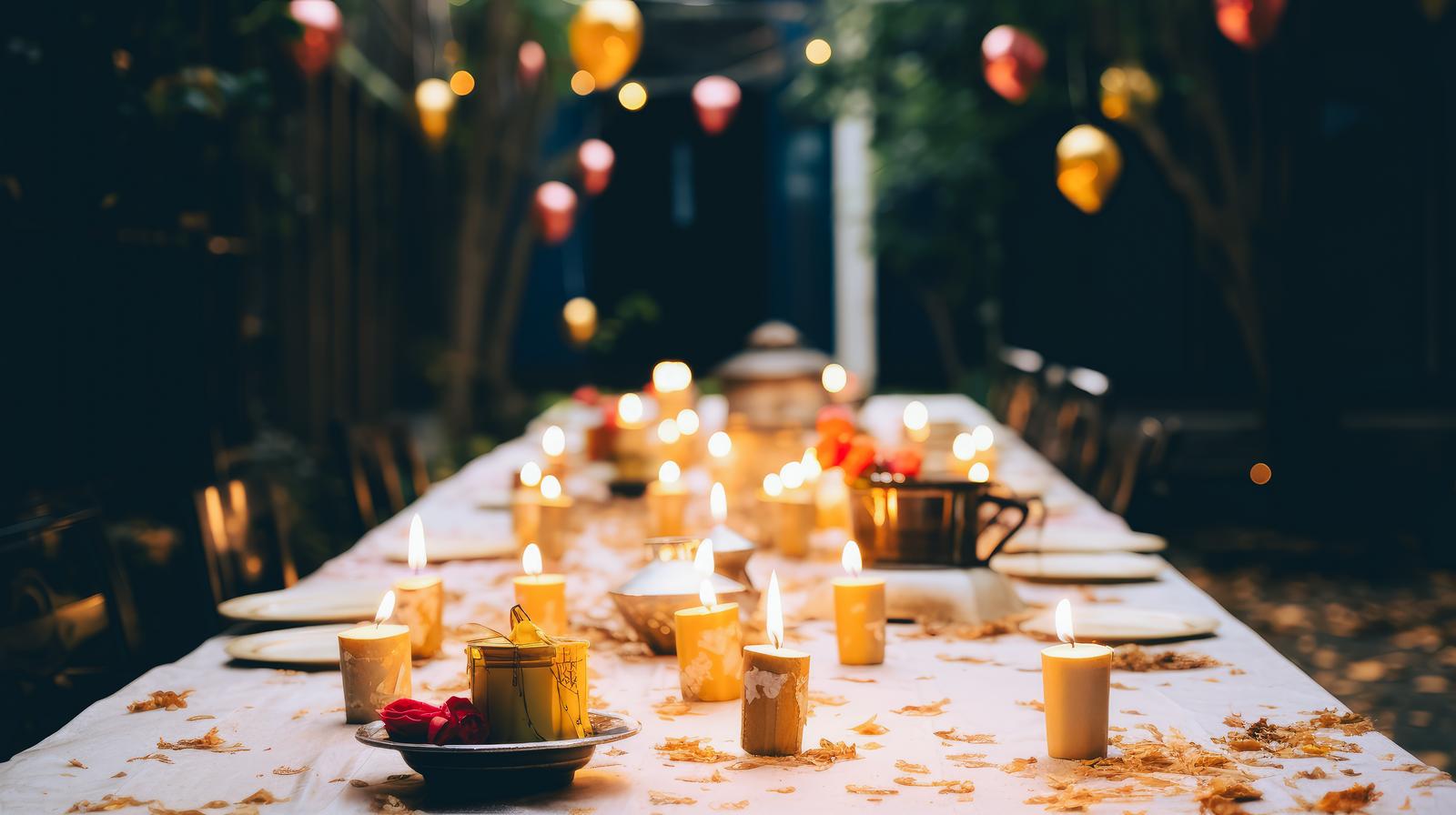 キャンドルと吊り下げランタンで装飾された夜の屋外テーブルパーティー