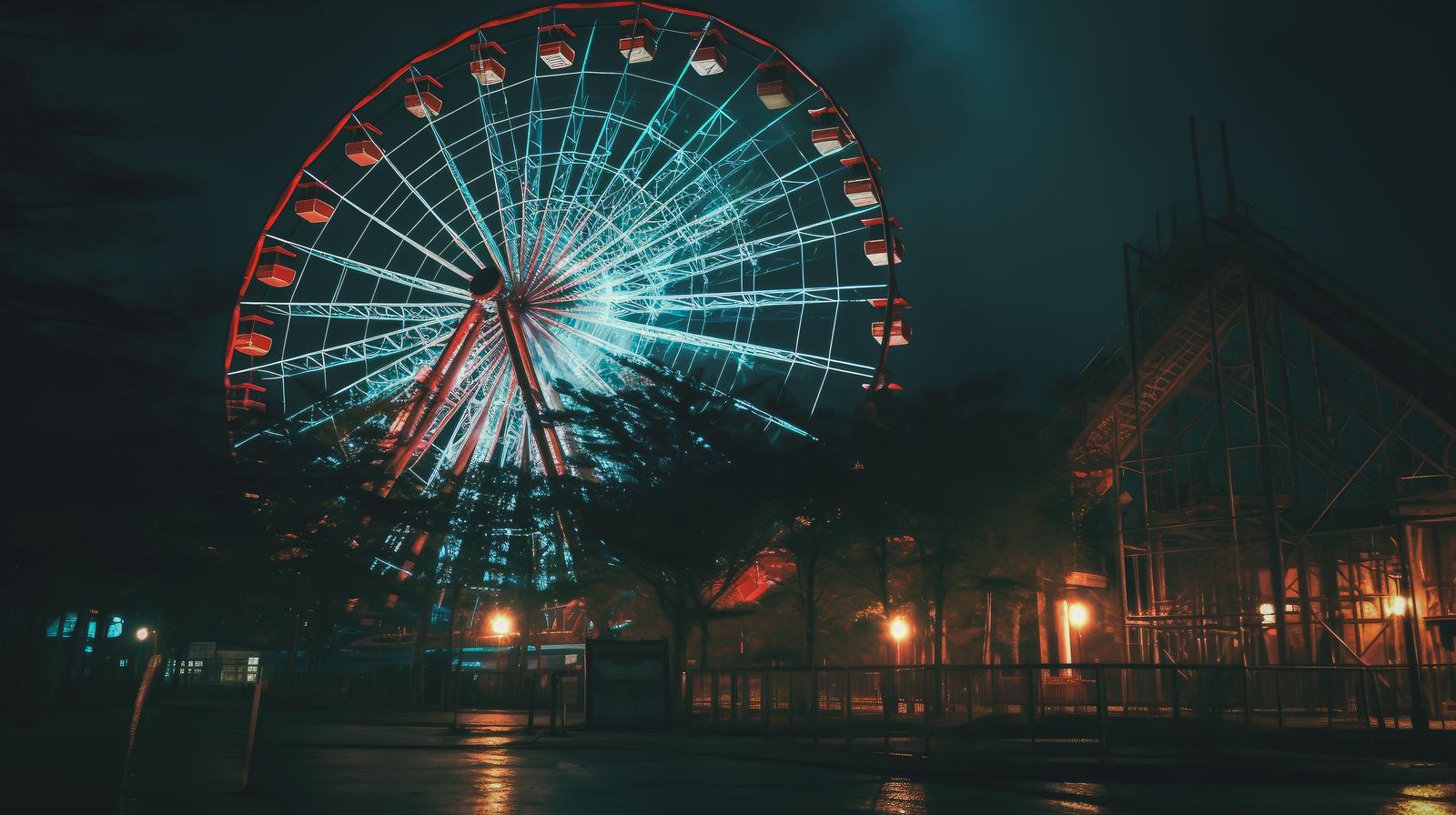 夜間に赤く発光するネオン観覧車とお化け屋敷風の建物