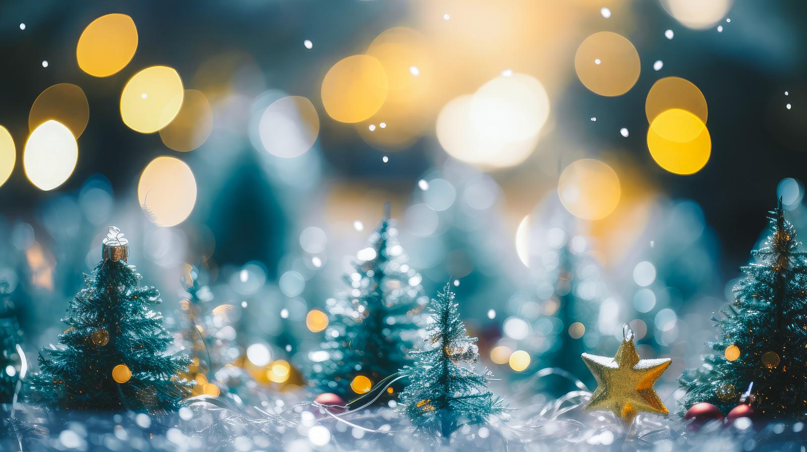 ミニチュアのクリスマスツリーが雪に囲まれ、背後に金色と白色のボケライトが輝く