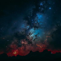 銀河と終末、赤く輝く地平線から望む宇宙の景観の写真