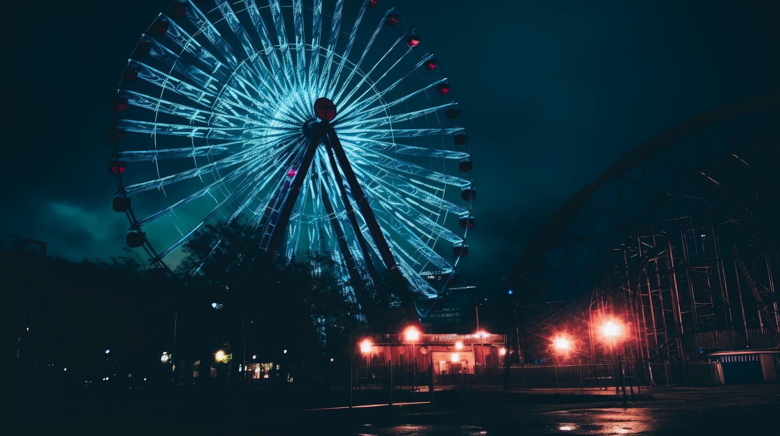 深夜の遊園地で観覧車と街灯がライトアップされている風景