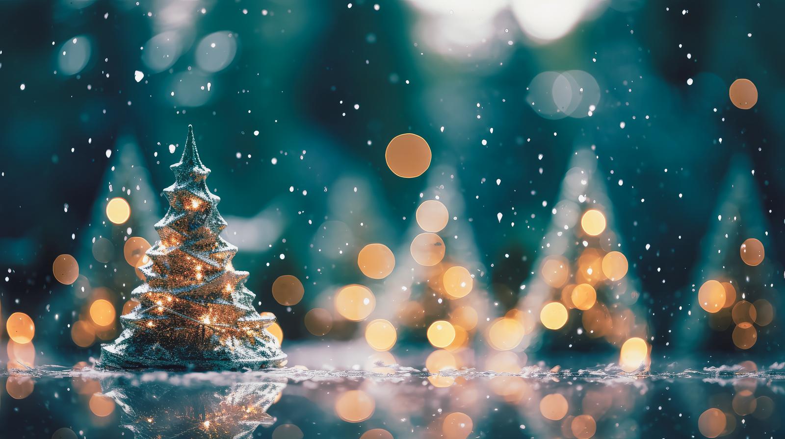雪に覆われたクリスマスツリーと降る雪、オレンジ色のボケが美しい冬の夜景