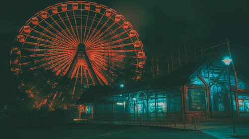 深夜の遊園地に浮かぶ薄気味悪い観覧車とネオン照明