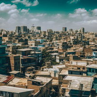 発展途上国の密集した町並みと高層ビル群の都市格差の写真
