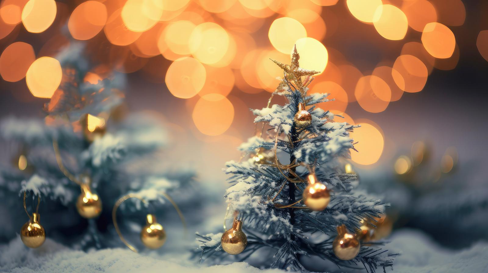 雪が積もったクリスマスツリーに金色のオーナメントとライトが装飾されている