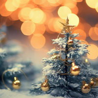 雪景色の中でライトアップされたクリスマスツリーの写真