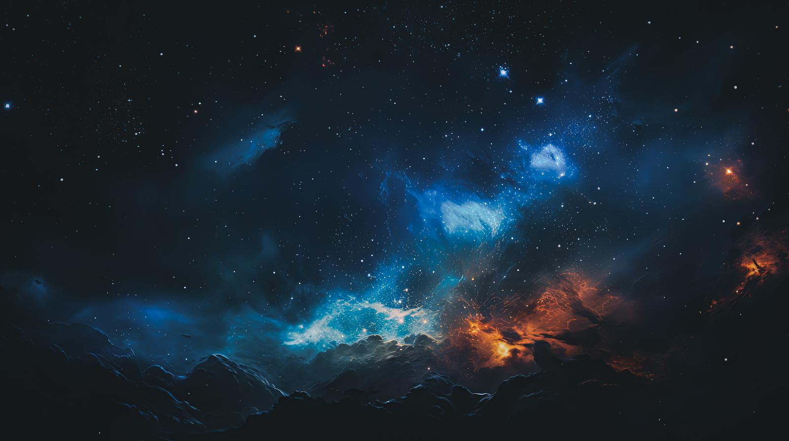 青白く発光する銀河とオレンジ色の光が輝く星空の宇宙風景