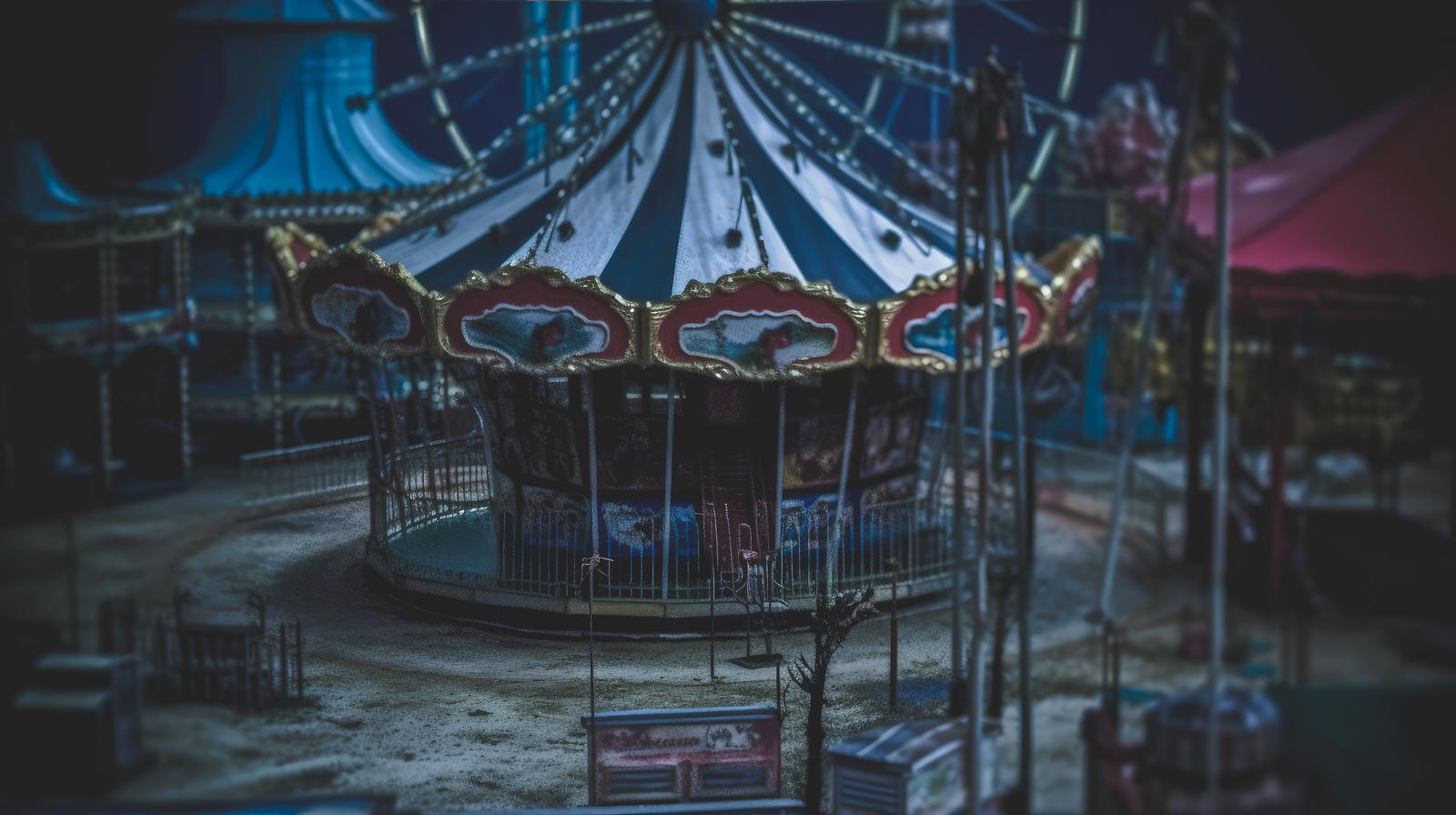 夜間の廃墟遊園地で、赤と金色のメリーゴーランドが浮かぶ