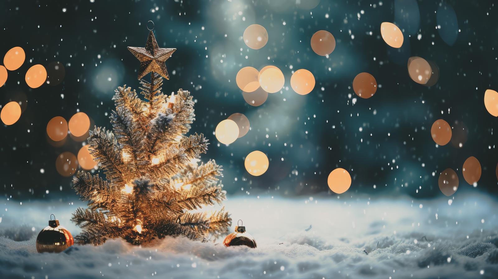 雪が降る中、ゴールドに輝くクリスマスツリーとオーナメントの冬のシーン
