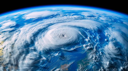 台風が進行中の地球（夏・宇宙視点）