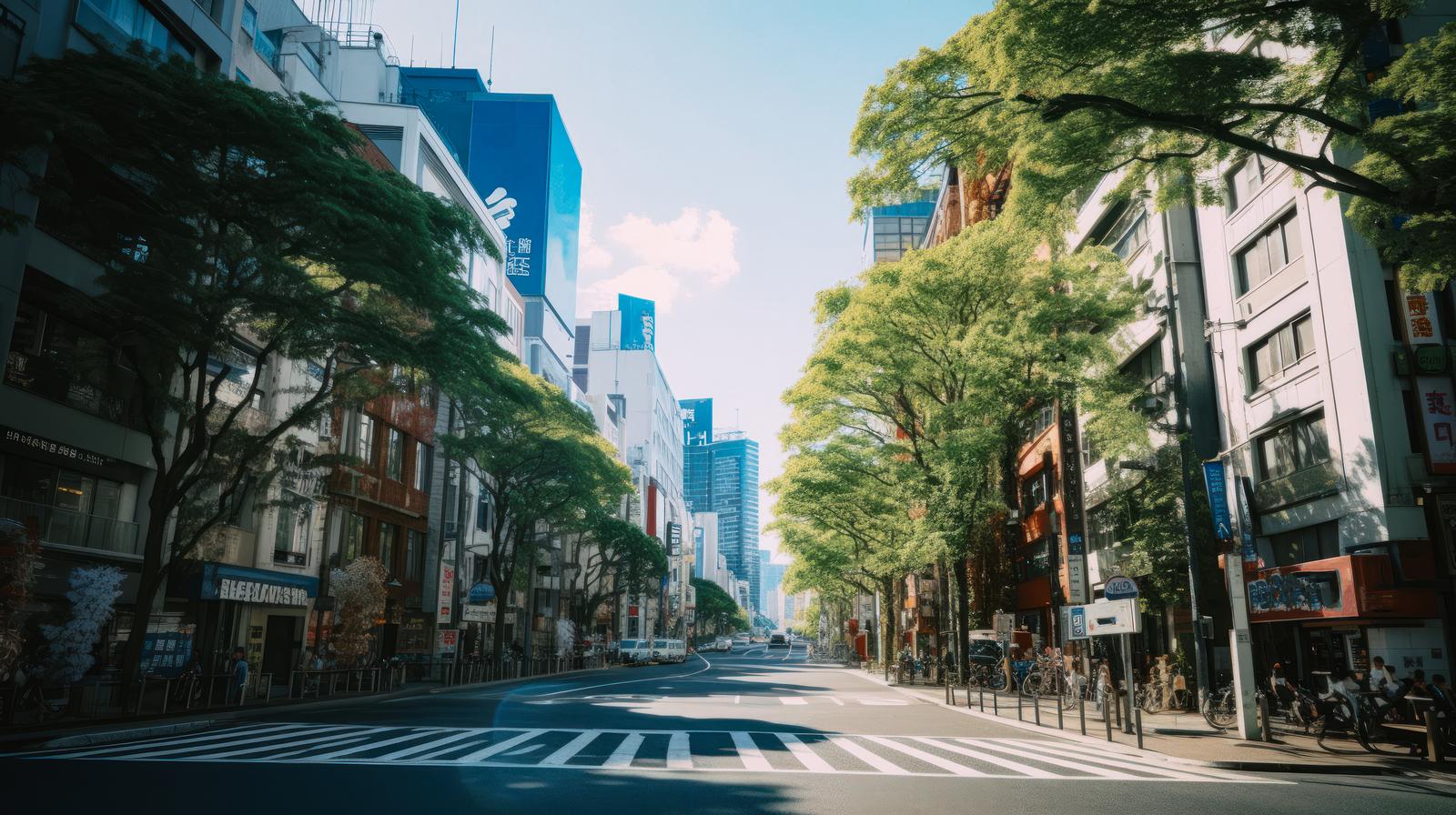 都会の大通りと街路樹のある街並み