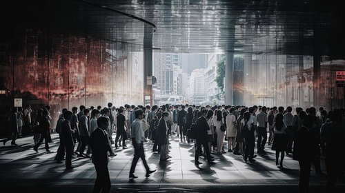 光差す駅舎の人混みと都市の通勤ラッシュ風景