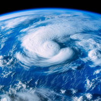 宇宙から見た大きな台風が発生中の地球の写真