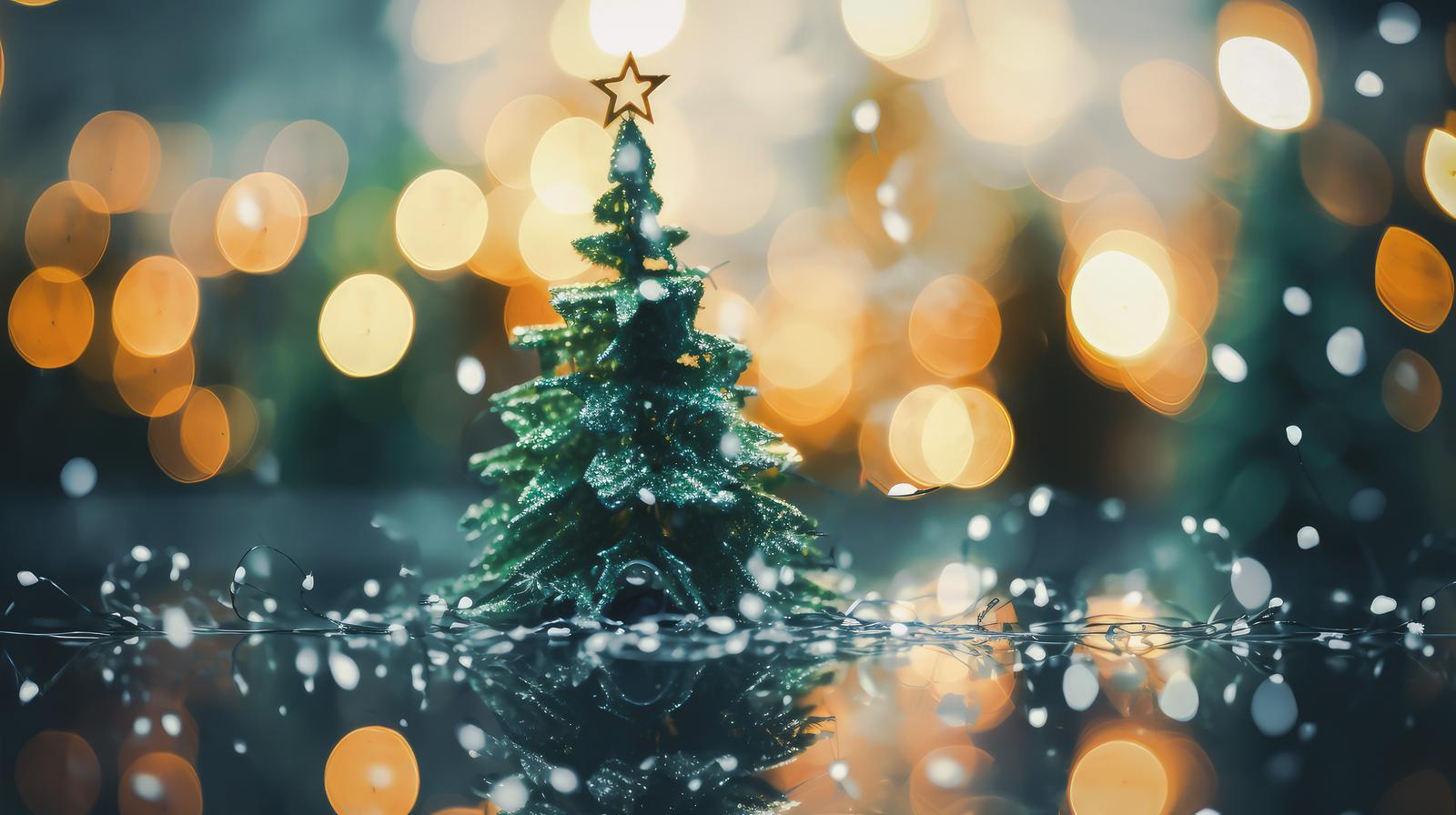 キラめく雪の中で輝くクリスマスツリーとゴールドのライトアップ