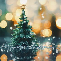 キラめく雪が降るクリスマスツリーのライトアップの写真