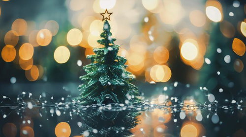 キラめく雪が降るクリスマスツリーのライトアップ