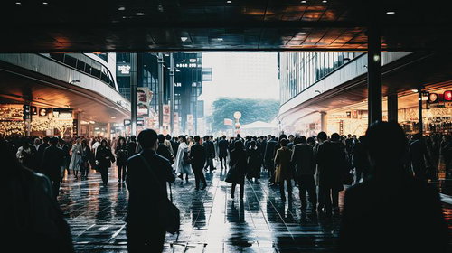 雨に濡れた駅前の通勤時の群衆と都会の朝の風景