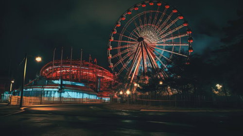 夜間にライトアップされた赤色の不気味な観覧車と遊園地