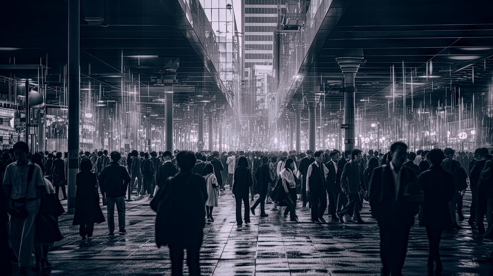 夜間の都市広場で多くの人が立ち並び、強い照明に照らされている混雑風景