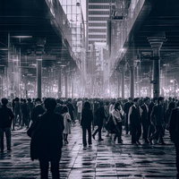 都市を埋め尽くす光と群衆の混雑する街中の風景のAI画像