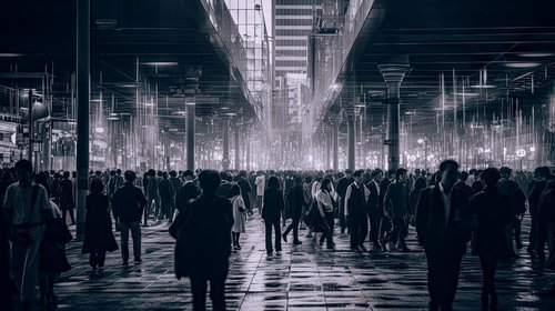 都市を埋め尽くす光と群衆の混雑する街中の風景