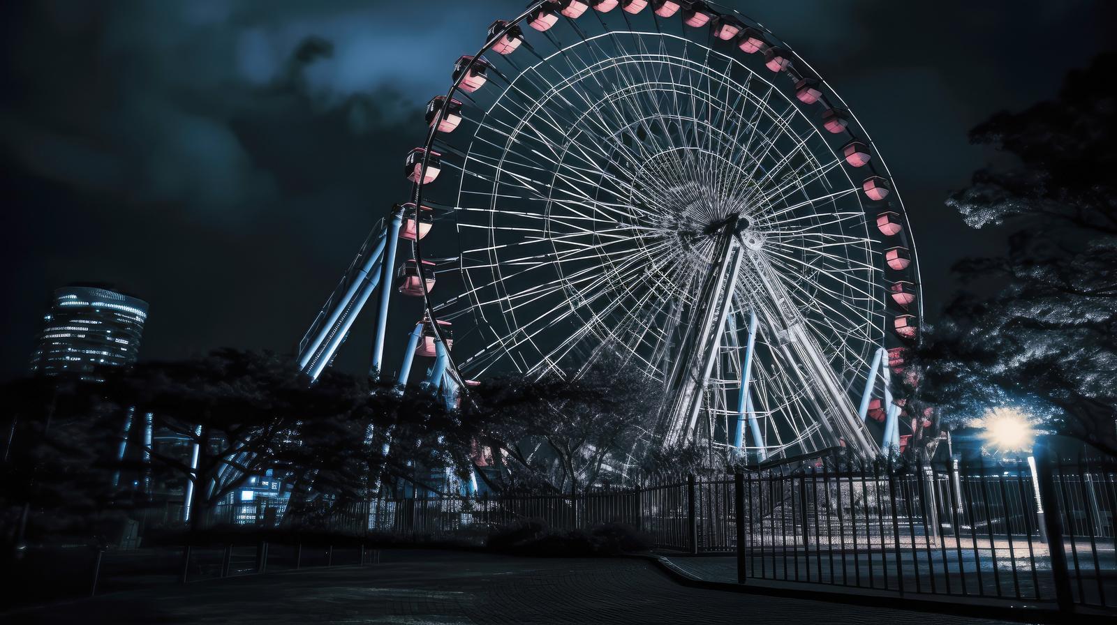 ピンク色と青色の照明が光る観覧車が夜空に浮かぶ遊園地の夜景