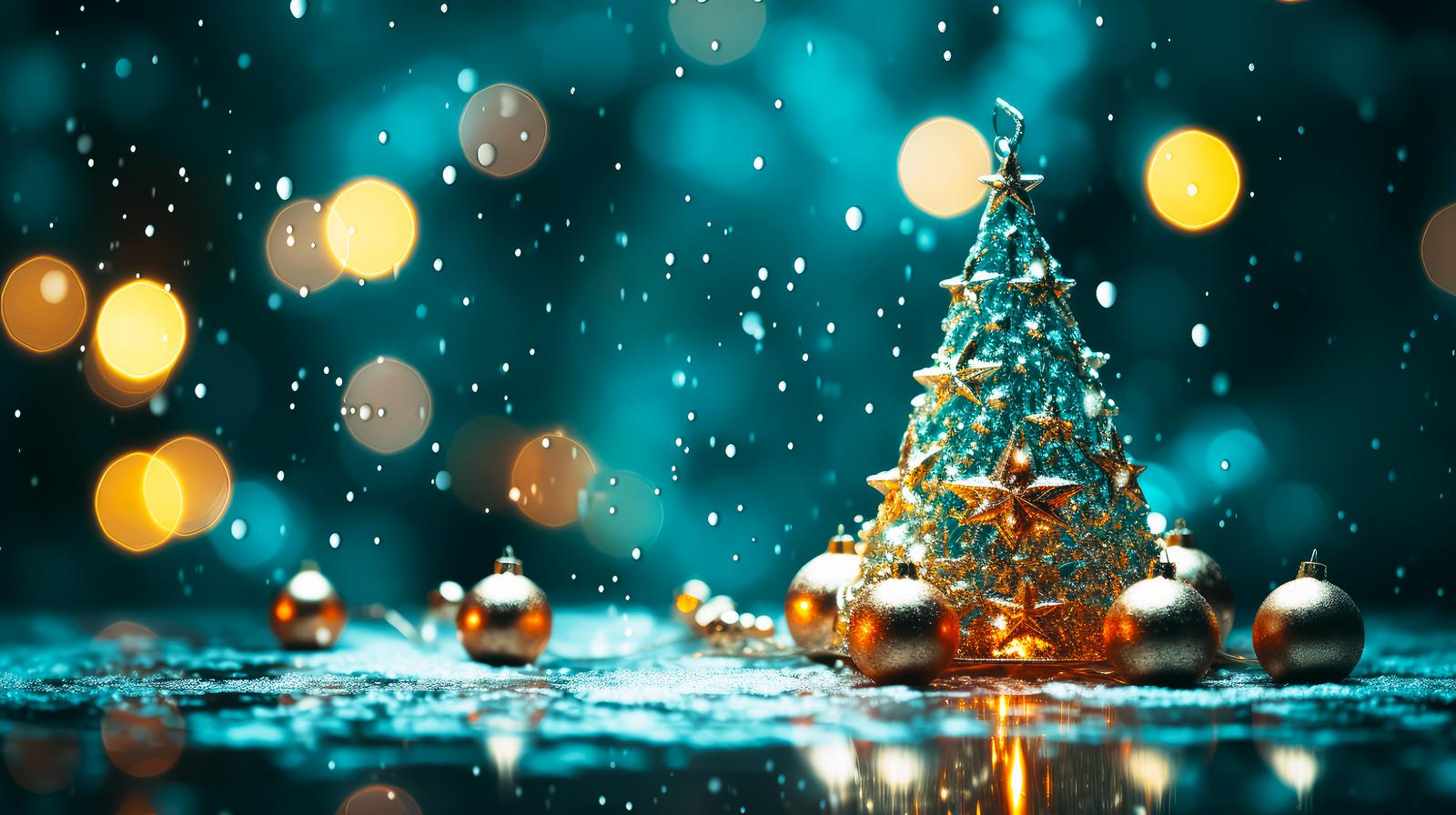 ボケ光の中に立つゴールド飾りのクリスマスツリー
