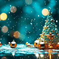 キラキラライトに包まれたクリスマスツリーと降雪の写真