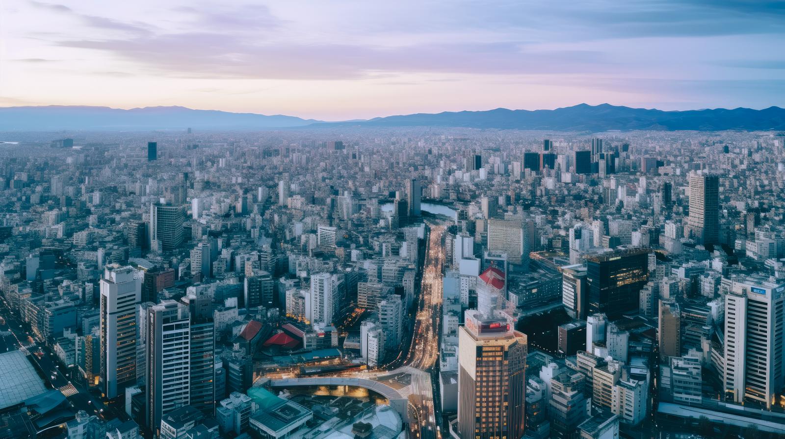 夕焼けに照らされた高層ビルが立ち並ぶ大都会の俯瞰風景