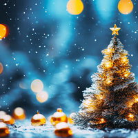 雪降る夜に輝く小さなクリスマスツリーのイルミネーションの写真