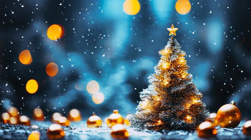 雪降る夜に輝く小さなクリスマスツリーのイルミネーション