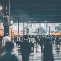 駅前の朝ラッシュ：混雑した通勤時間帯の人混みと群衆の写真