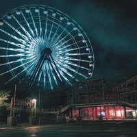 閉ざされた遊園地の夜と観覧車の写真