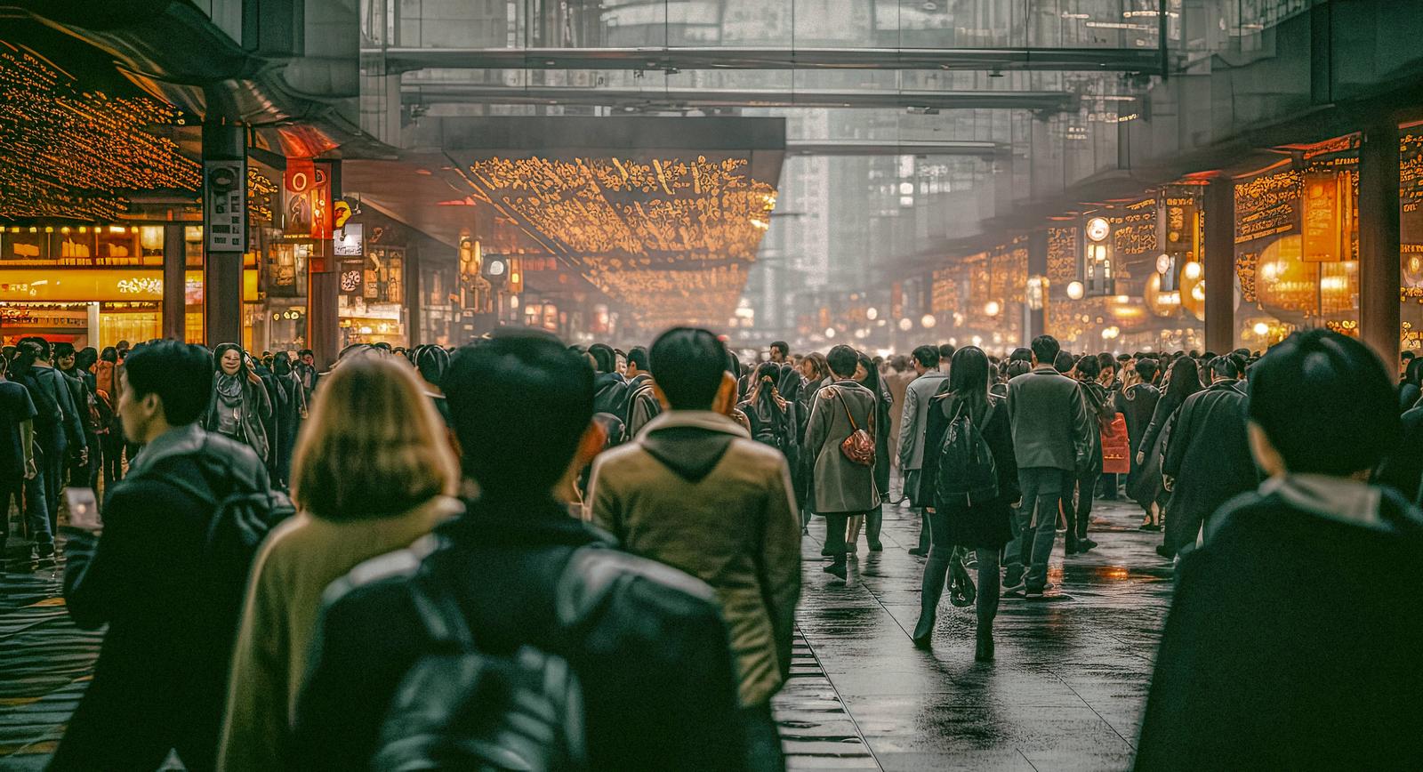 ライトアップされた夜の駅前で人混みが集まり、照明が輝く都会の通勤風景