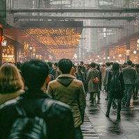 ライトアップされた駅前の夜間、人混みでごった返す通勤ラッシュの写真