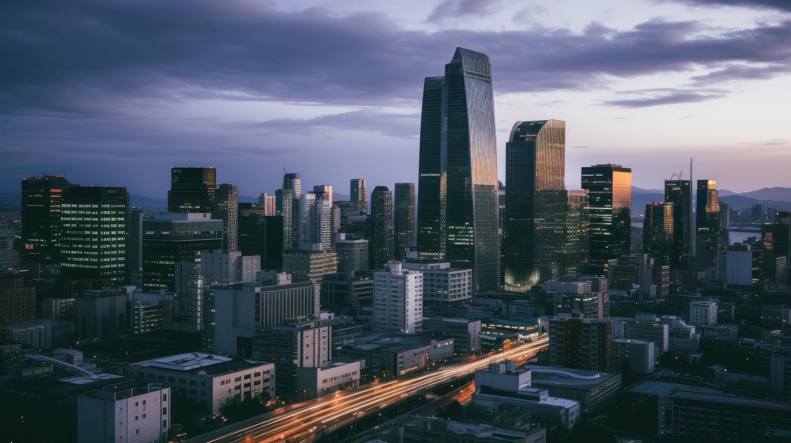 夕焼けに照らされた高層ビルが建ち並ぶ都市風景