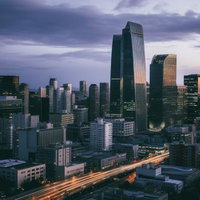 高層ビルとマンションが建ち並ぶ夕焼けの都市風景の写真