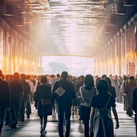 黄金の光に包まれた往来する人で混雑した道の写真