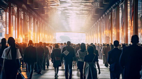 黄金の光に包まれた往来する人で混雑した道